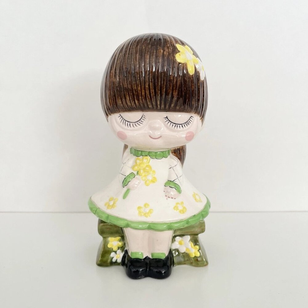 Vtg Big Head Big Eye Girl Doll Piggy Bank 1970s Ceramic Figurine Blythe Style